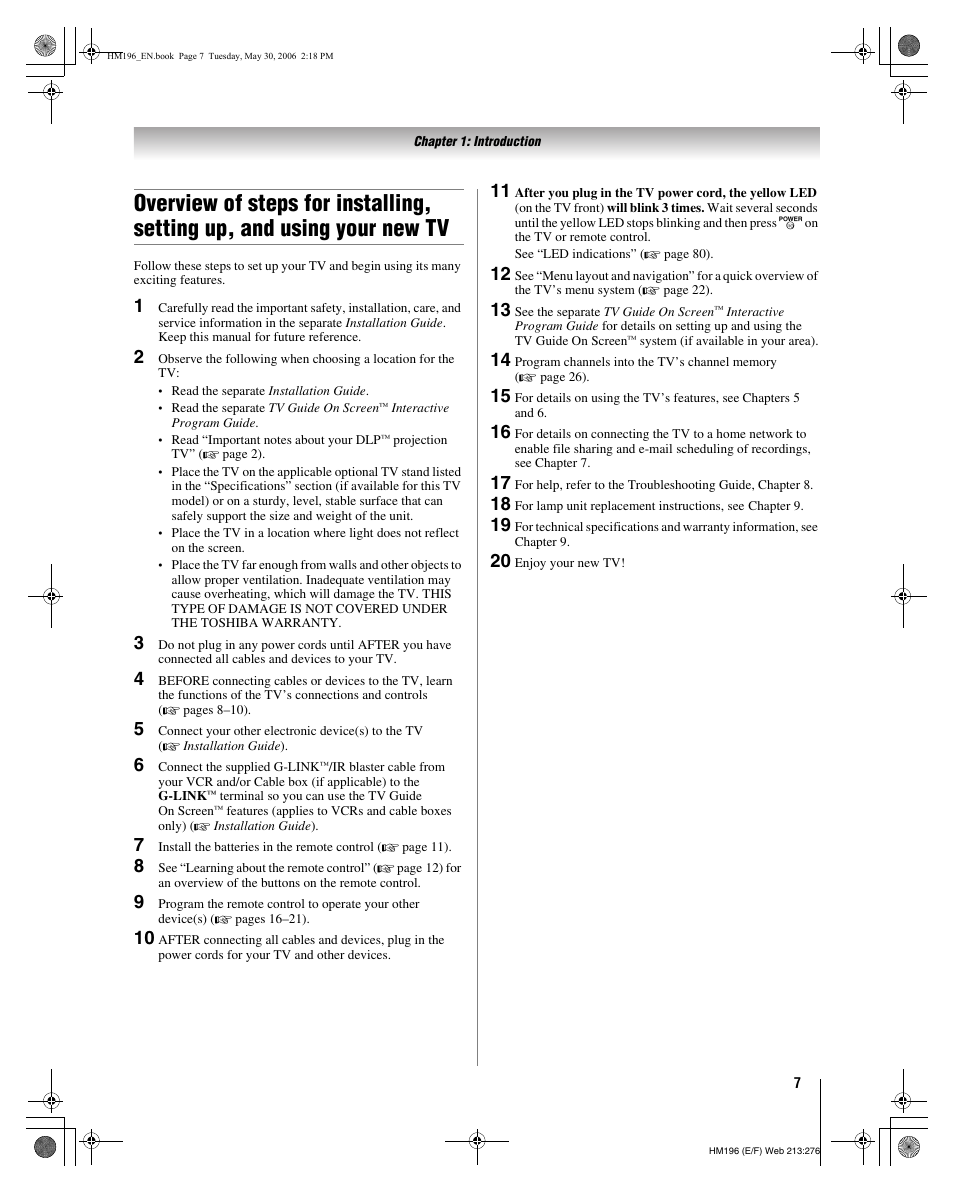 Toshiba Integrated High Definition DLP Projection Televison 62HM196 User Manual | Page 7 / 92