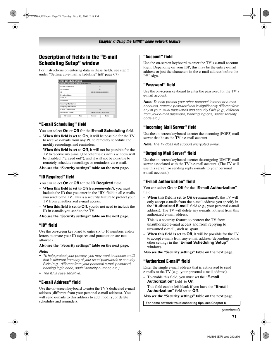 E-mail scheduling” field, Id required” field, Id” field | E-mail address” field, Account” field, Password” field, Incoming mail server” field, Outgoing mail server” field, E-mail authorization” field, Authorized e-mail” field | Toshiba Integrated High Definition DLP Projection Televison 62HM196 User Manual | Page 71 / 92