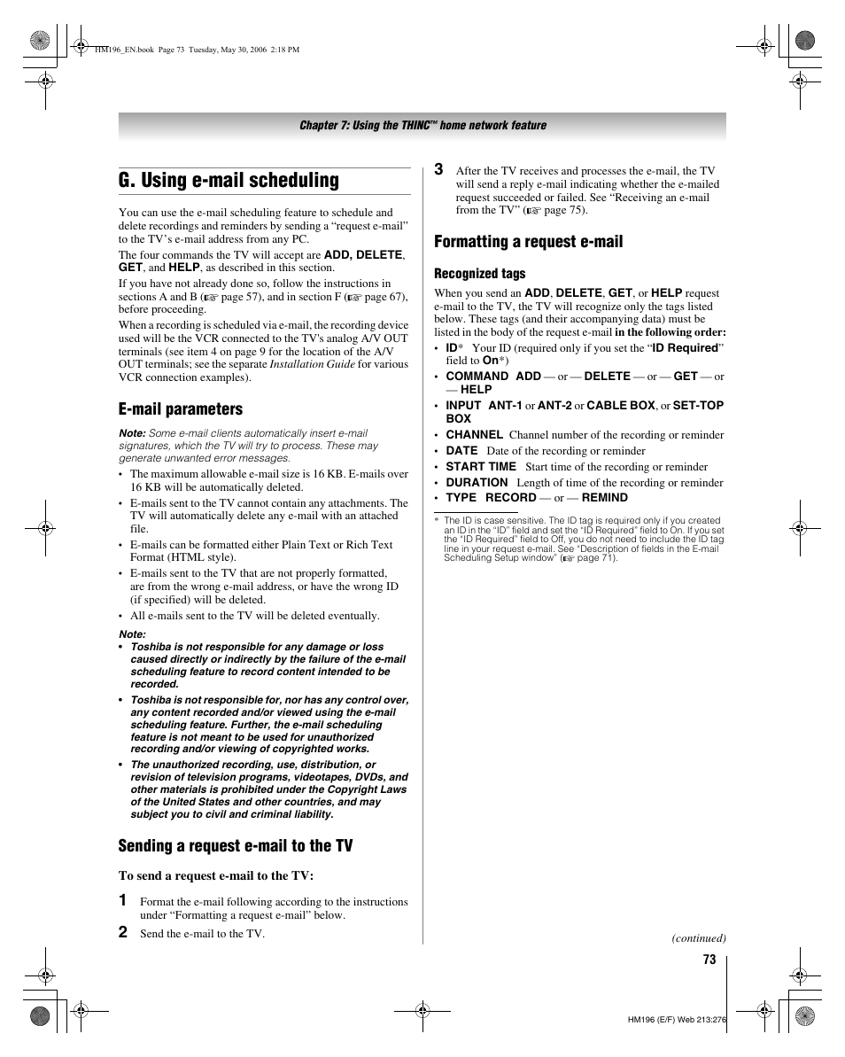 G. using e-mail scheduling, E-mail parameters, Sending a request e-mail to the tv | Formatting a request e-mail | Toshiba Integrated High Definition DLP Projection Televison 62HM196 User Manual | Page 73 / 92