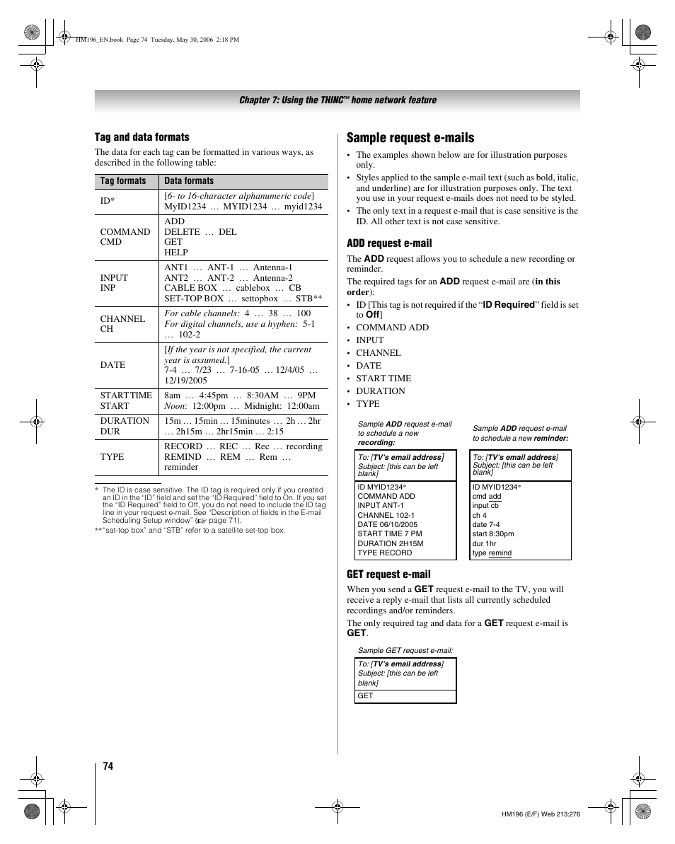 Sample request e-mails | Toshiba Integrated High Definition DLP Projection Televison 62HM196 User Manual | Page 74 / 92