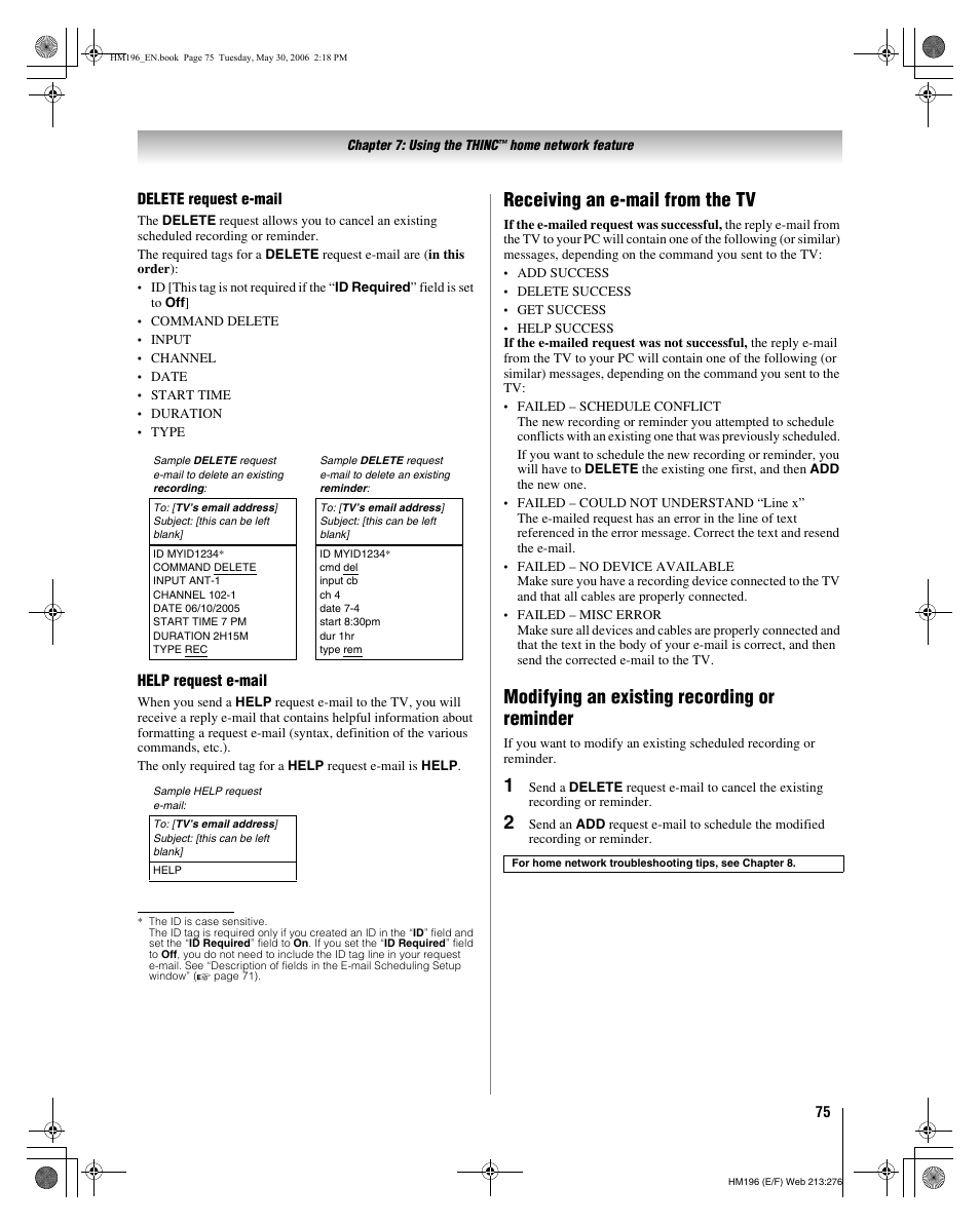 Receiving an e-mail from the tv, Modifying an existing recording or reminder | Toshiba Integrated High Definition DLP Projection Televison 62HM196 User Manual | Page 75 / 92