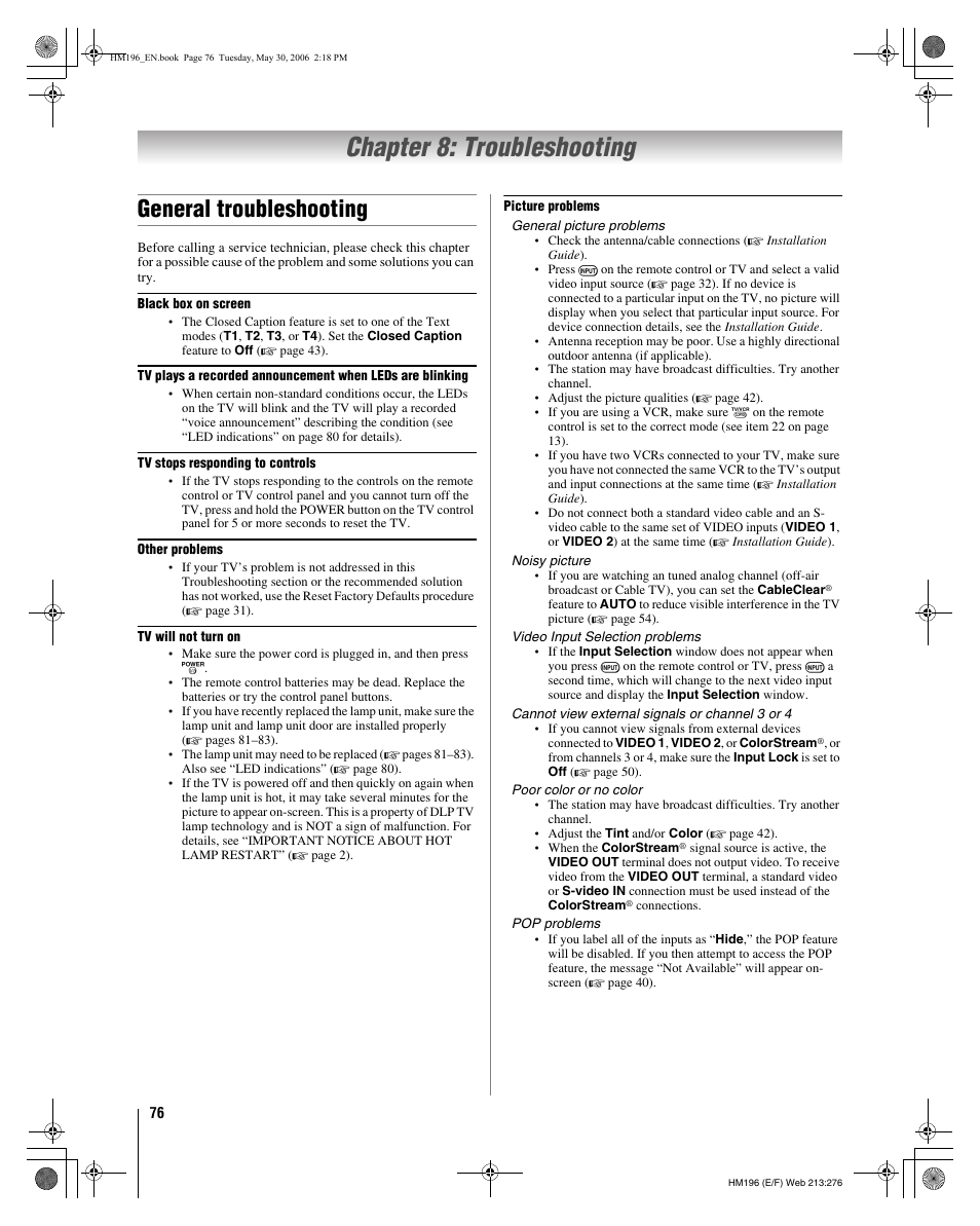 Chapter 8: troubleshooting, General troubleshooting | Toshiba Integrated High Definition DLP Projection Televison 62HM196 User Manual | Page 76 / 92