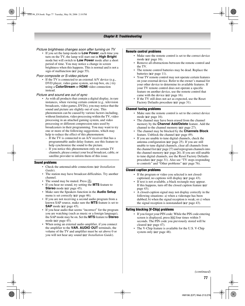 Toshiba Integrated High Definition DLP Projection Televison 62HM196 User Manual | Page 77 / 92