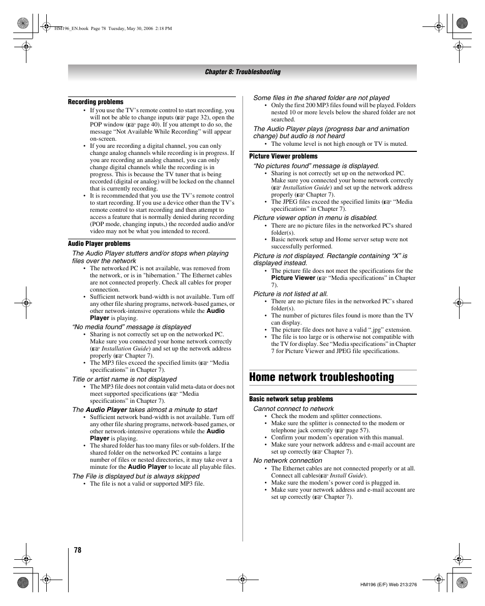 Home network troubleshooting | Toshiba Integrated High Definition DLP Projection Televison 62HM196 User Manual | Page 78 / 92