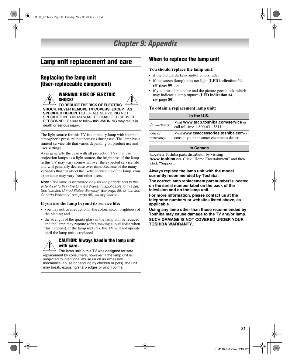 Chapter 9: appendix, Lamp unit replacement and care, When to replace the lamp unit | Toshiba Integrated High Definition DLP Projection Televison 62HM196 User Manual | Page 81 / 92