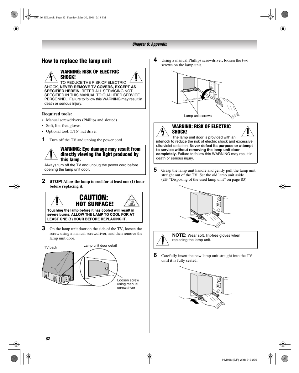 How to replace the lamp unit | Toshiba Integrated High Definition DLP Projection Televison 62HM196 User Manual | Page 82 / 92