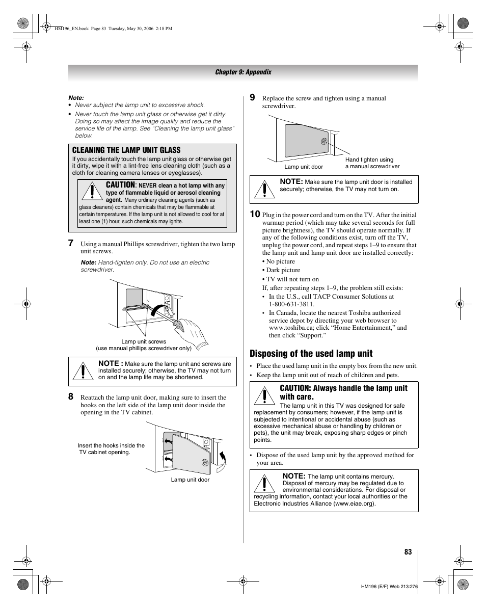 Disposing of the used lamp unit | Toshiba Integrated High Definition DLP Projection Televison 62HM196 User Manual | Page 83 / 92