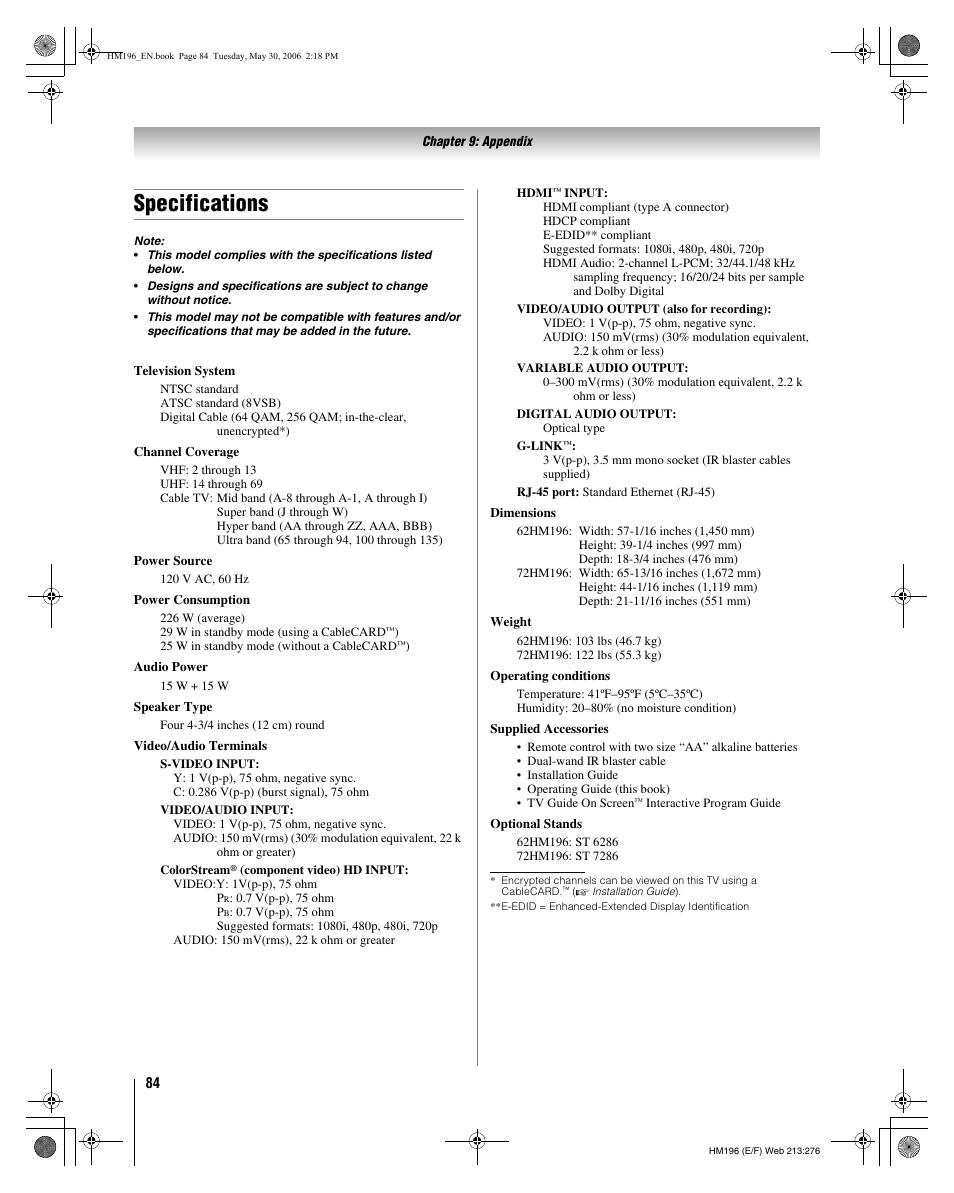 Specifications | Toshiba Integrated High Definition DLP Projection Televison 62HM196 User Manual | Page 84 / 92