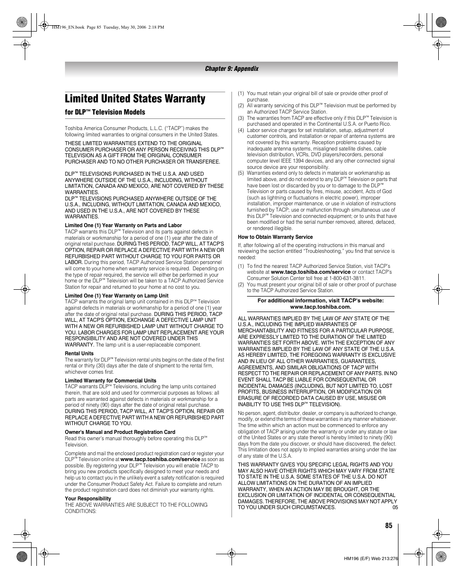 Limited united states warranty, For dlp, Television models | Toshiba Integrated High Definition DLP Projection Televison 62HM196 User Manual | Page 85 / 92