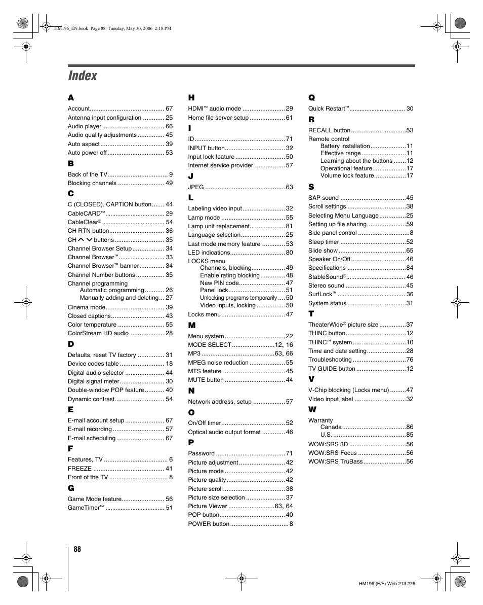 Index | Toshiba Integrated High Definition DLP Projection Televison 62HM196 User Manual | Page 88 / 92