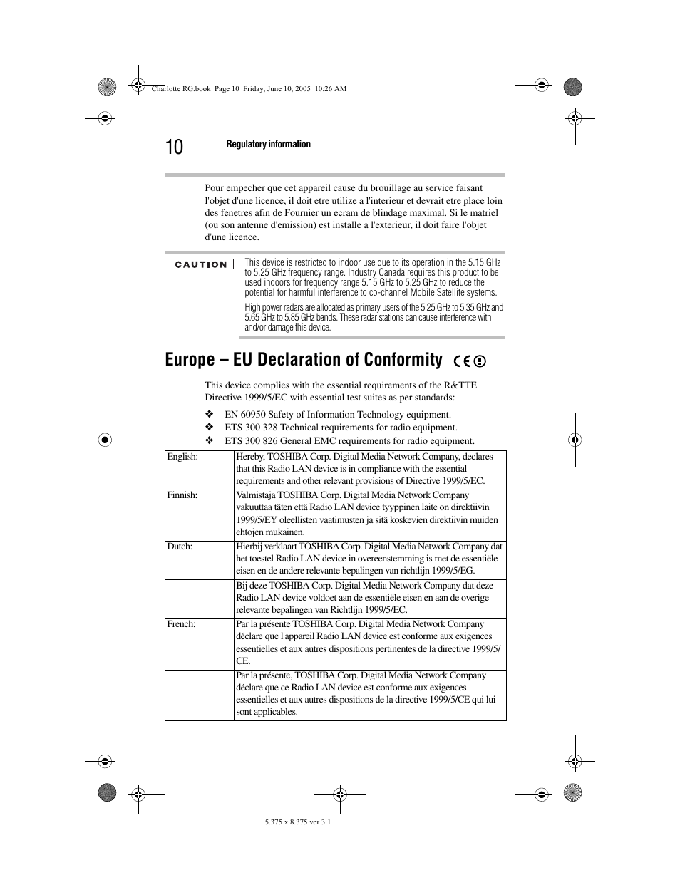 Europe – eu declaration of conformity | Toshiba PDR-M60 User Manual | Page 10 / 64