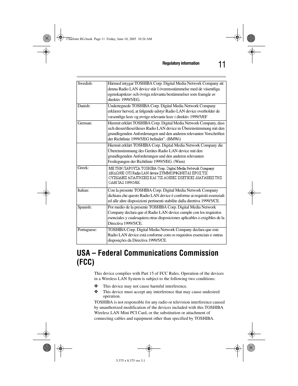 Usa – federal communications commission (fcc) | Toshiba PDR-M60 User Manual | Page 11 / 64