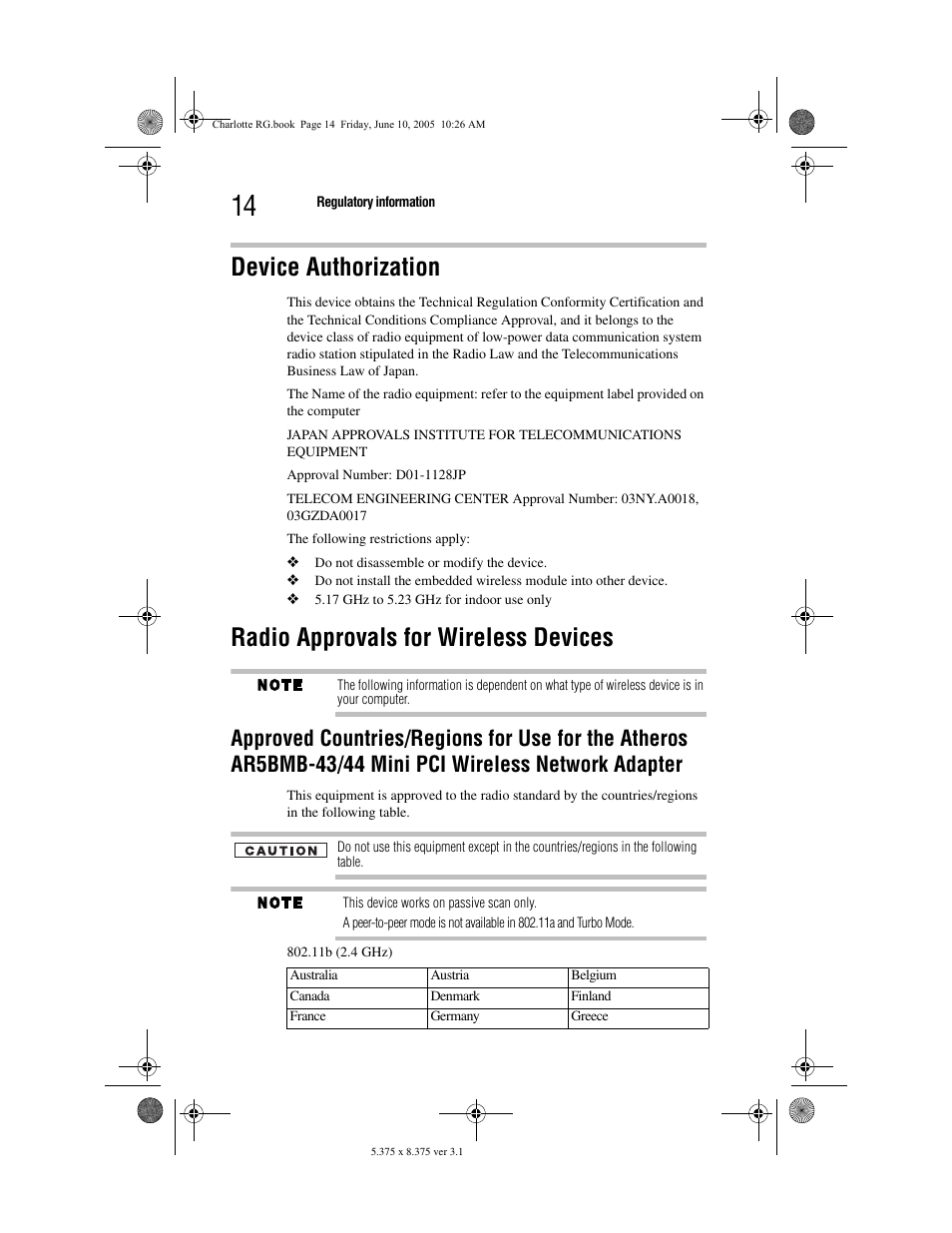 Device authorization, Radio approvals for wireless devices | Toshiba PDR-M60 User Manual | Page 14 / 64