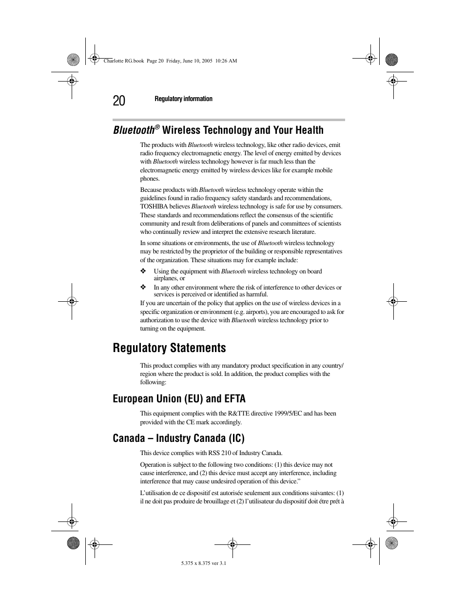 Regulatory statements, Bluetooth, Wireless technology and your health | European union (eu) and efta, Canada – industry canada (ic) | Toshiba PDR-M60 User Manual | Page 20 / 64