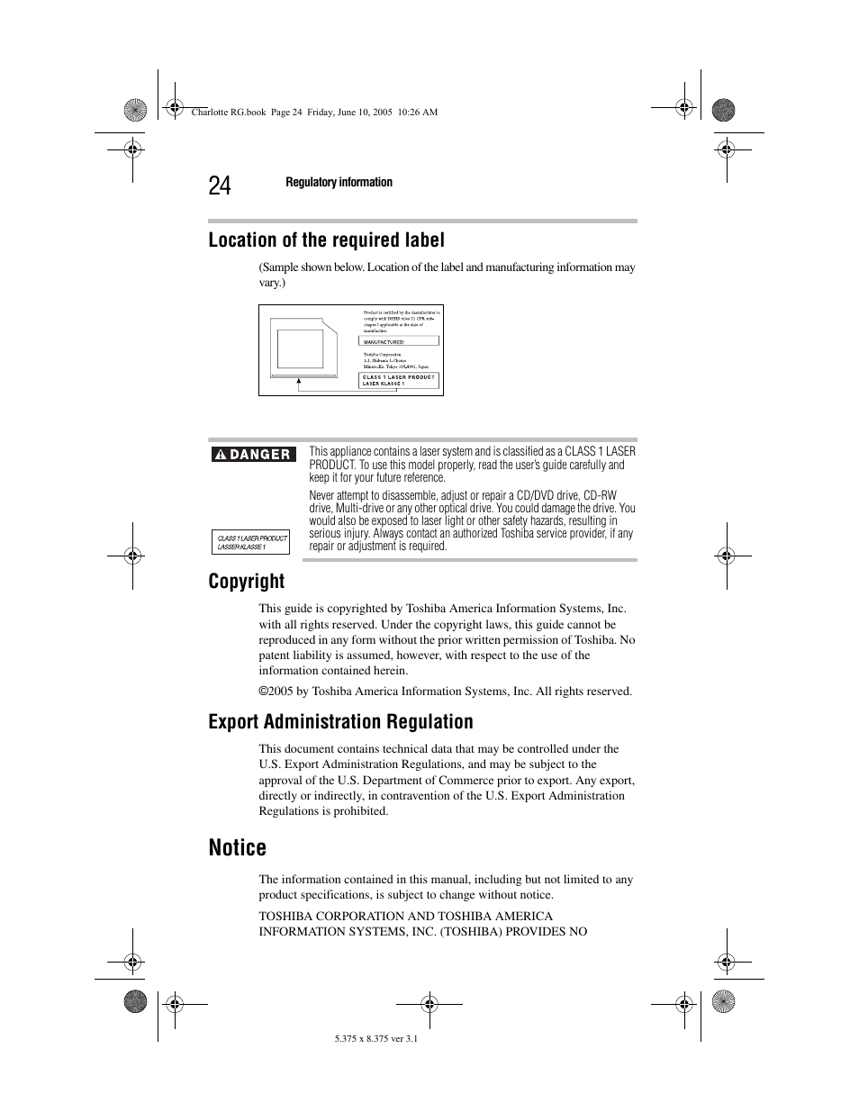 Notice, Location of the required label, Copyright | Export administration regulation | Toshiba PDR-M60 User Manual | Page 24 / 64