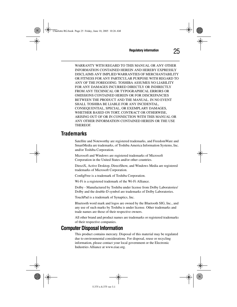 Trademarks, Computer disposal information | Toshiba PDR-M60 User Manual | Page 25 / 64