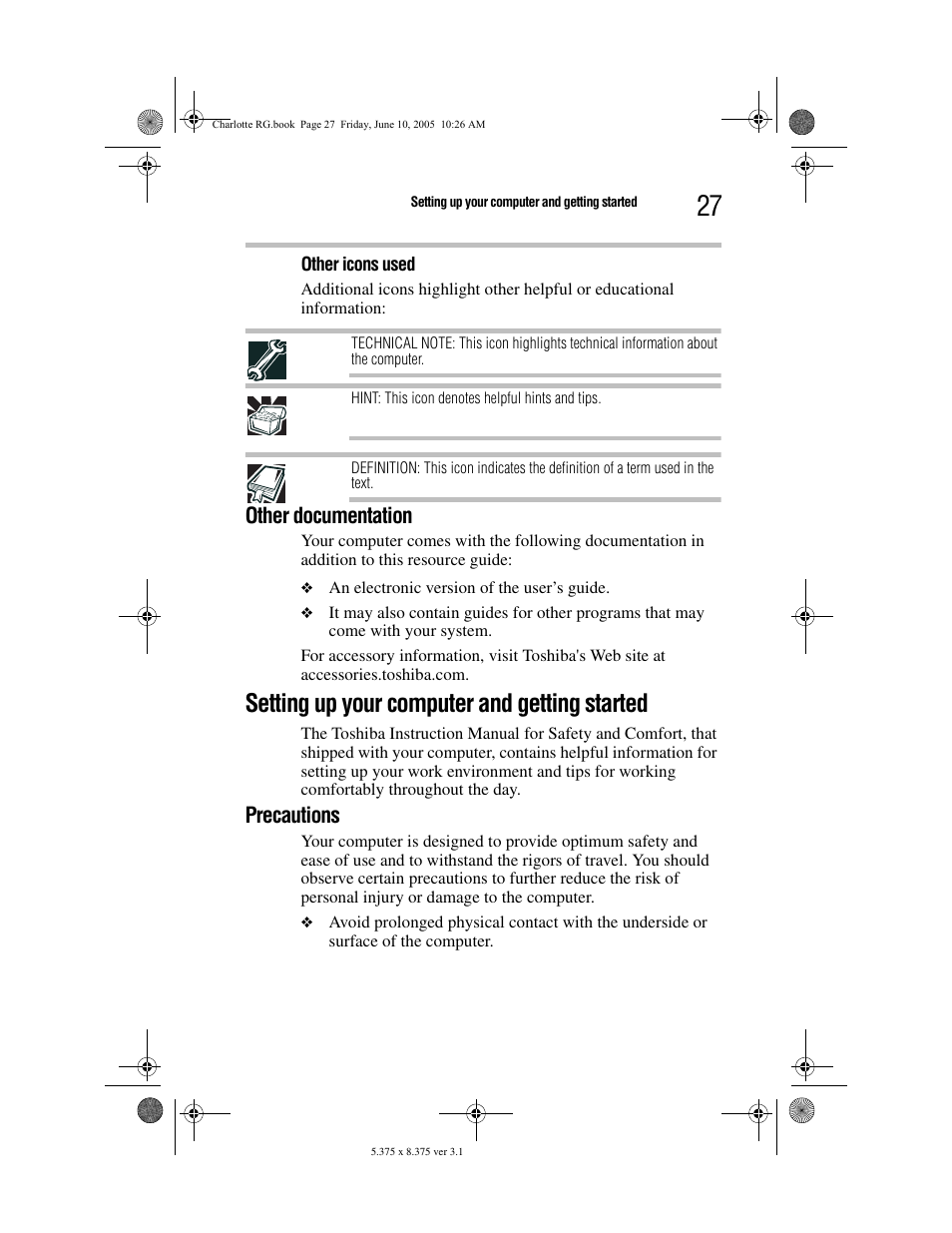 Other documentation, Setting up your computer and getting started, Precautions | Toshiba PDR-M60 User Manual | Page 27 / 64