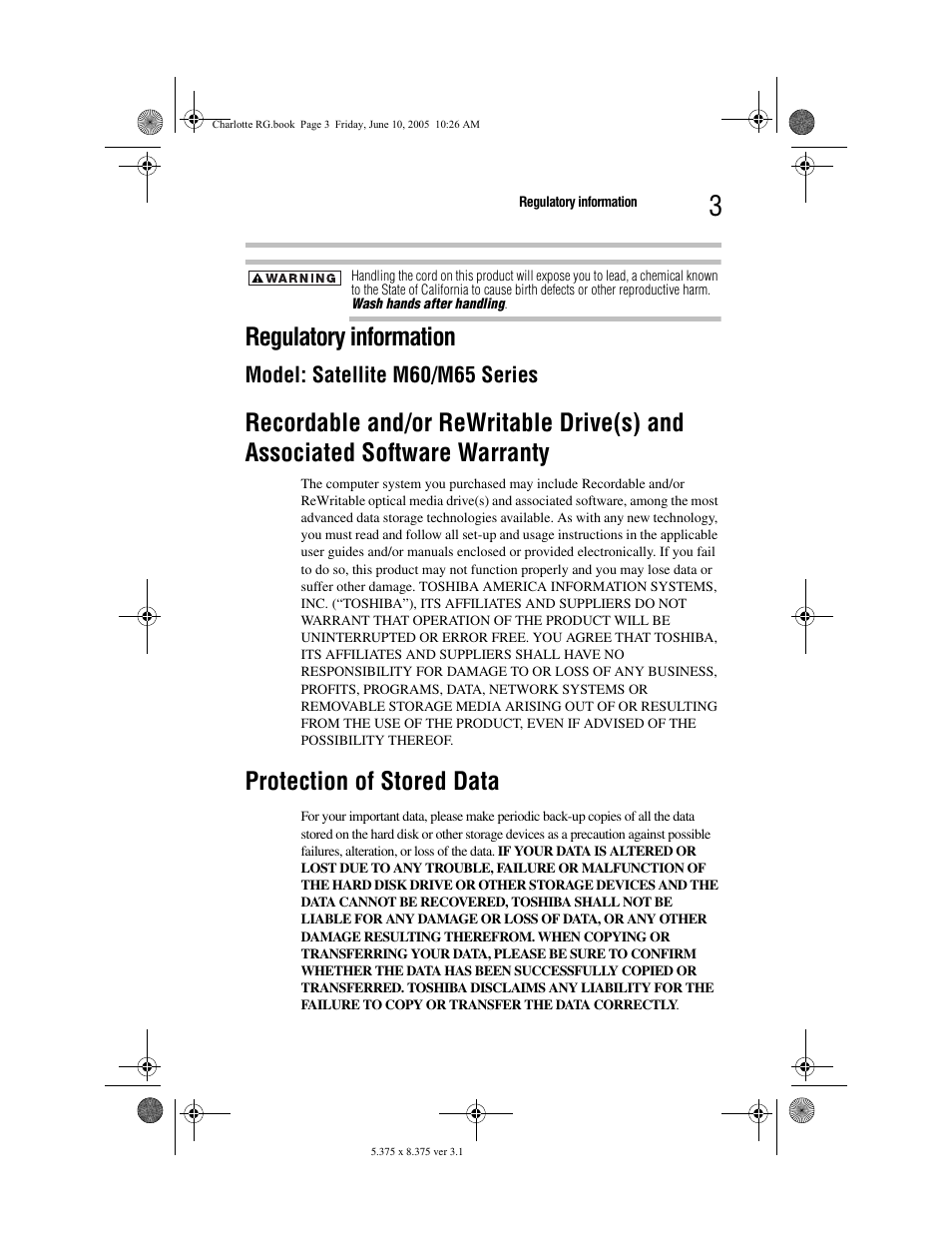 Regulatory information, Protection of stored data | Toshiba PDR-M60 User Manual | Page 3 / 64