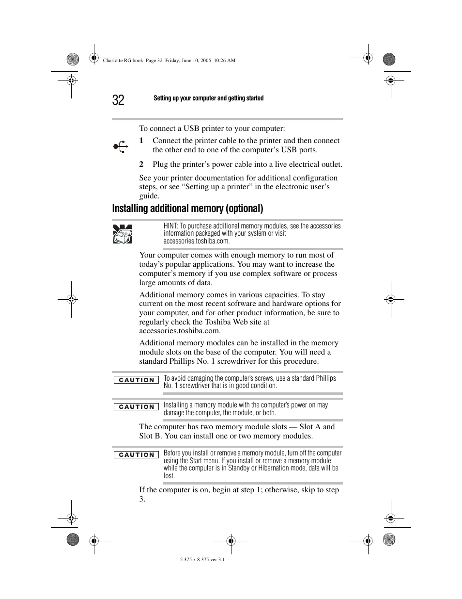 Installing additional memory (optional) | Toshiba PDR-M60 User Manual | Page 32 / 64