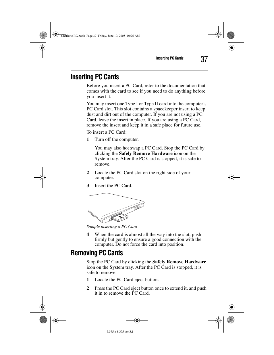 Inserting pc cards, Removing pc cards | Toshiba PDR-M60 User Manual | Page 37 / 64