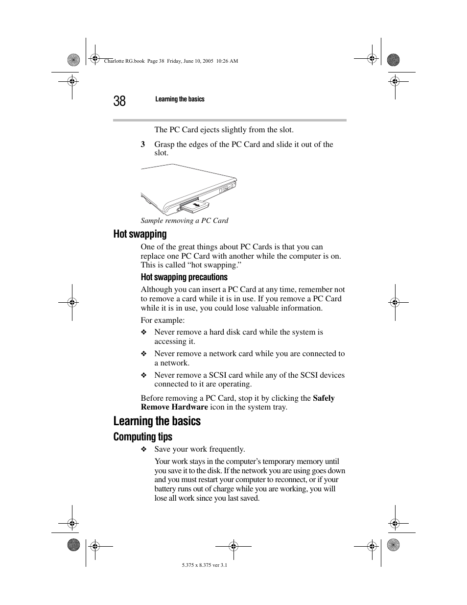 Hot swapping, Learning the basics, Computing tips | Toshiba PDR-M60 User Manual | Page 38 / 64