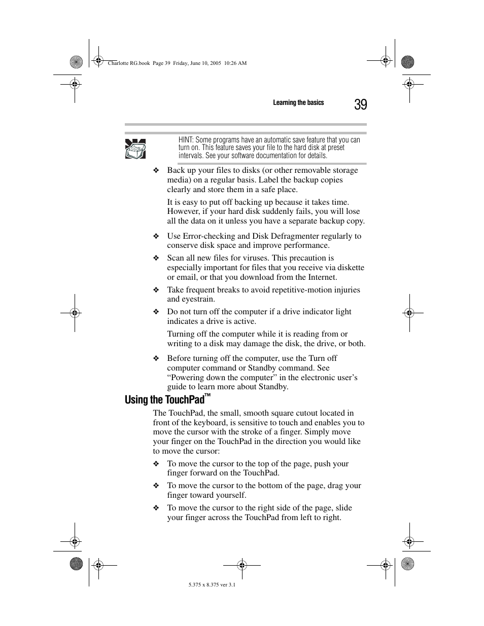 Using the touchpad | Toshiba PDR-M60 User Manual | Page 39 / 64