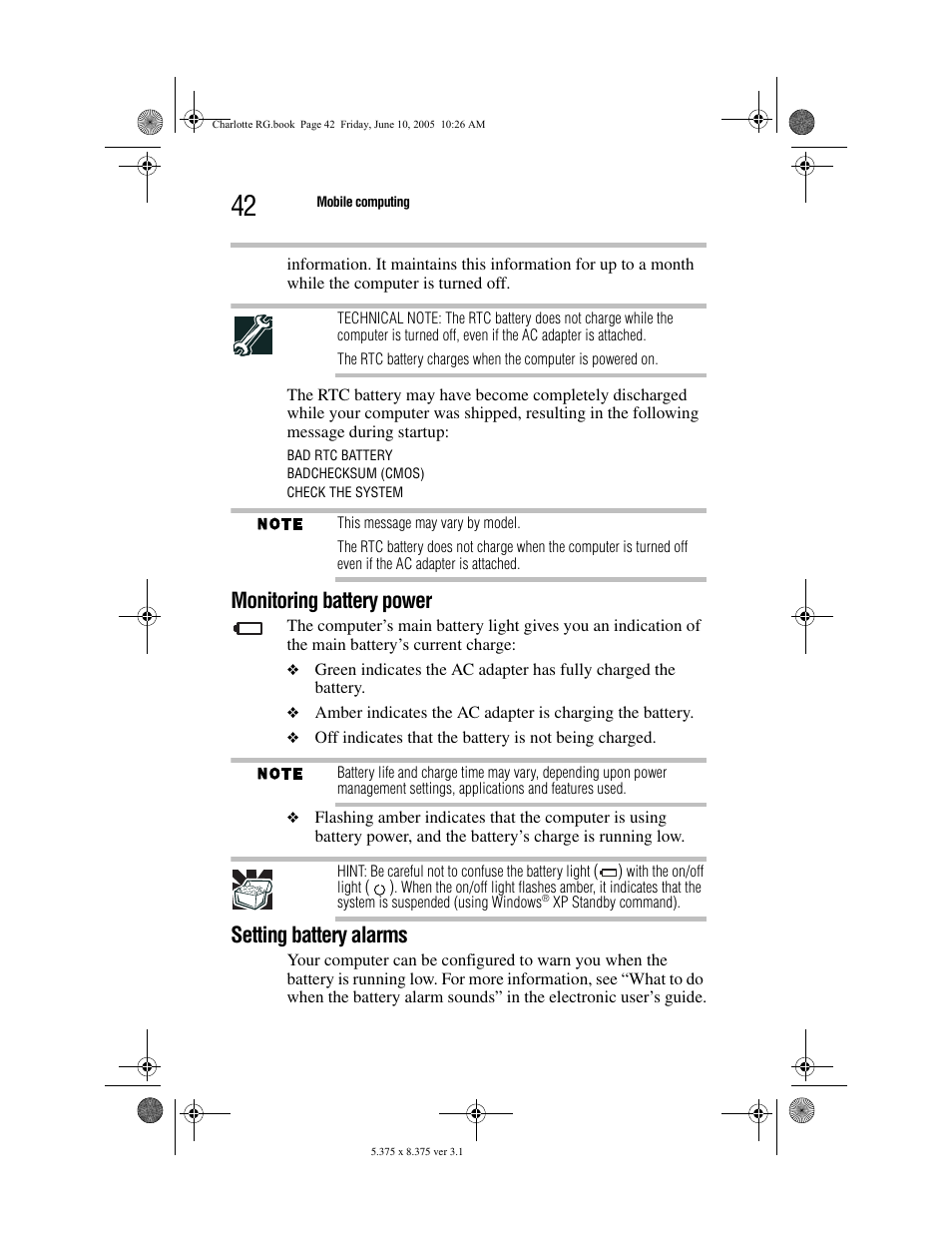 Monitoring battery power, Setting battery alarms | Toshiba PDR-M60 User Manual | Page 42 / 64