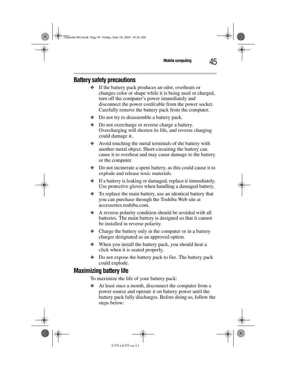 Battery safety precautions, Maximizing battery life | Toshiba PDR-M60 User Manual | Page 45 / 64