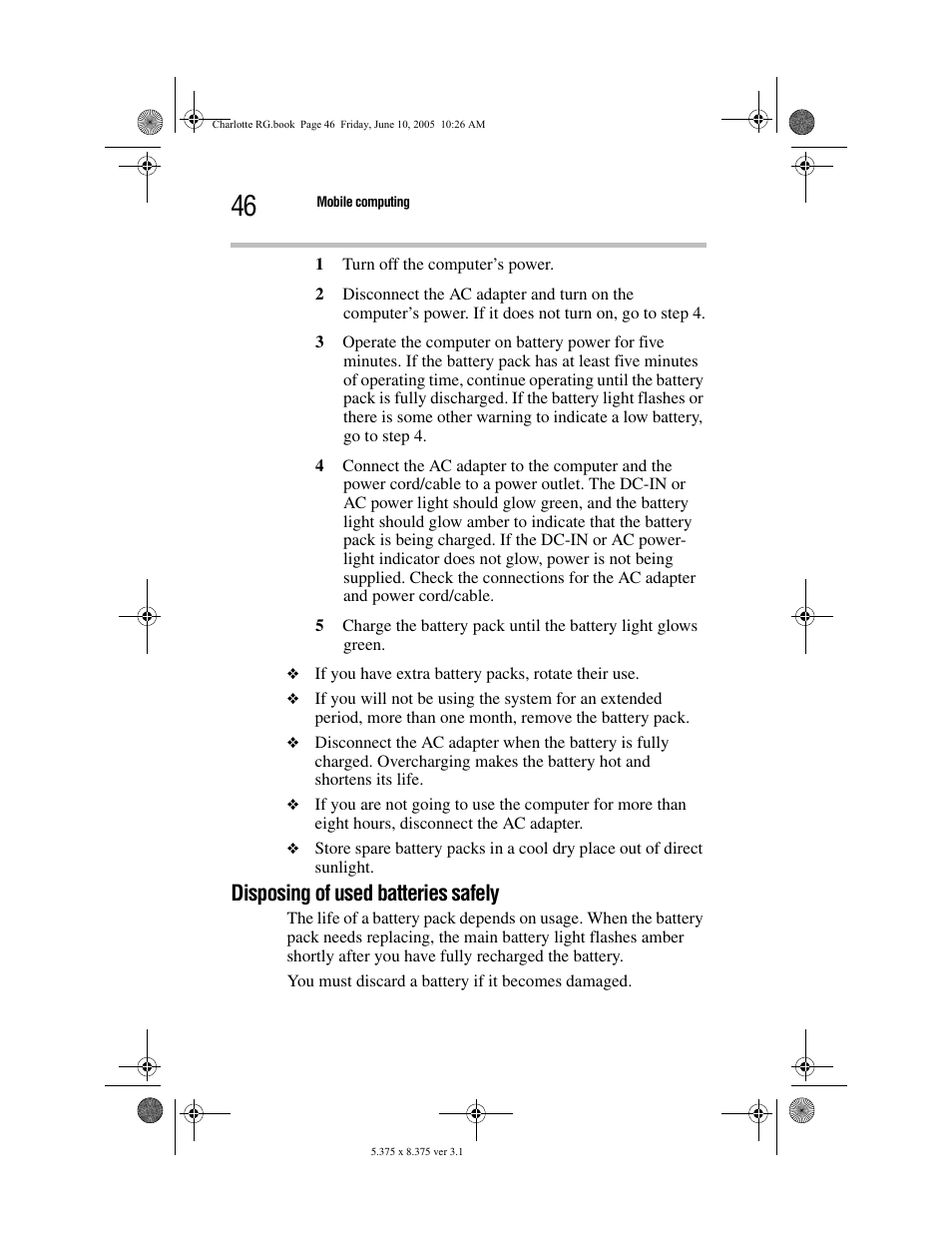 Disposing of used batteries safely | Toshiba PDR-M60 User Manual | Page 46 / 64
