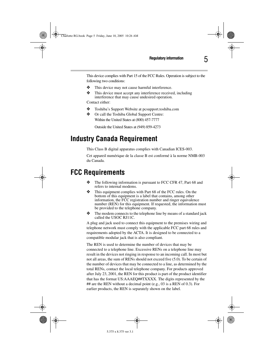 Industry canada requirement, Fcc requirements | Toshiba PDR-M60 User Manual | Page 5 / 64