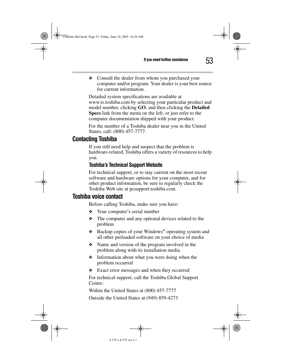 Contacting toshiba, Toshiba voice contact | Toshiba PDR-M60 User Manual | Page 53 / 64