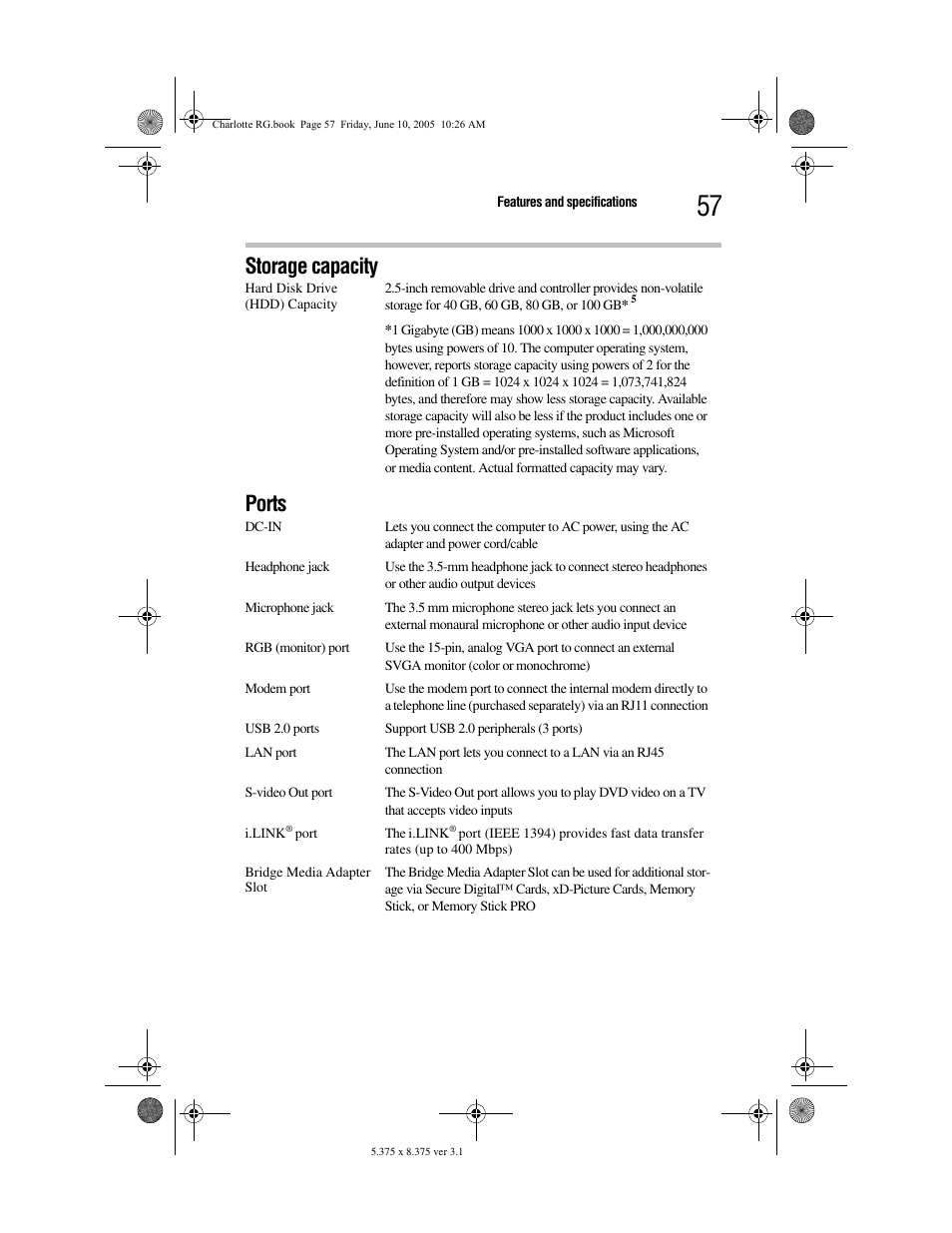 Storage capacity, Ports, Storage capacity ports | Toshiba PDR-M60 User Manual | Page 57 / 64