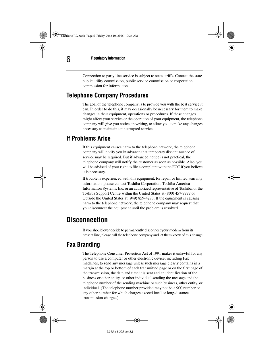 Disconnection, Telephone company procedures, If problems arise | Fax branding | Toshiba PDR-M60 User Manual | Page 6 / 64