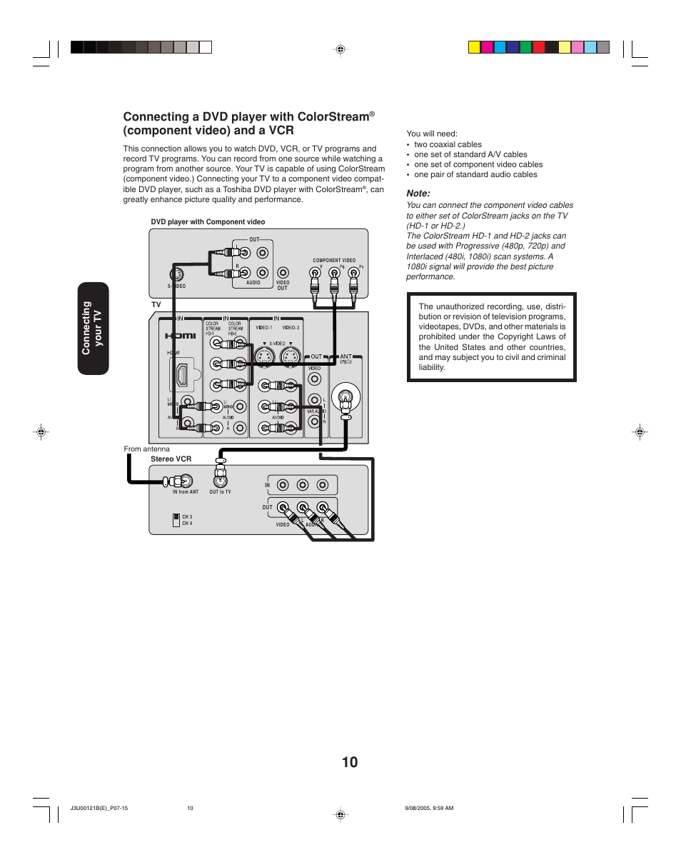 Connecting a dvd player with colorstream, Component video) and a vcr, Connecting your tv | Toshiba 34HF85 User Manual | Page 10 / 44