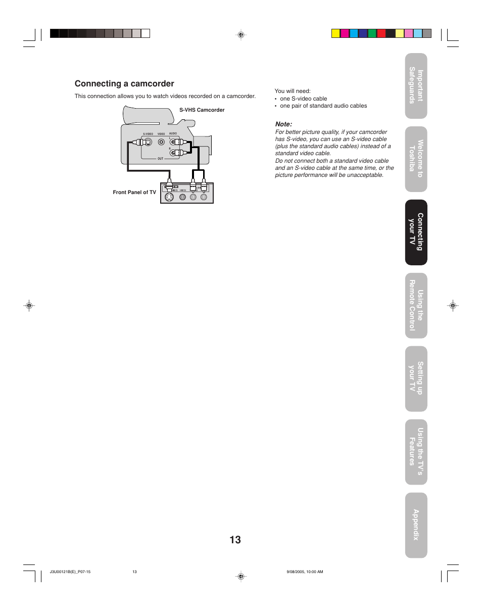 Connecting a camcorder | Toshiba 34HF85 User Manual | Page 13 / 44