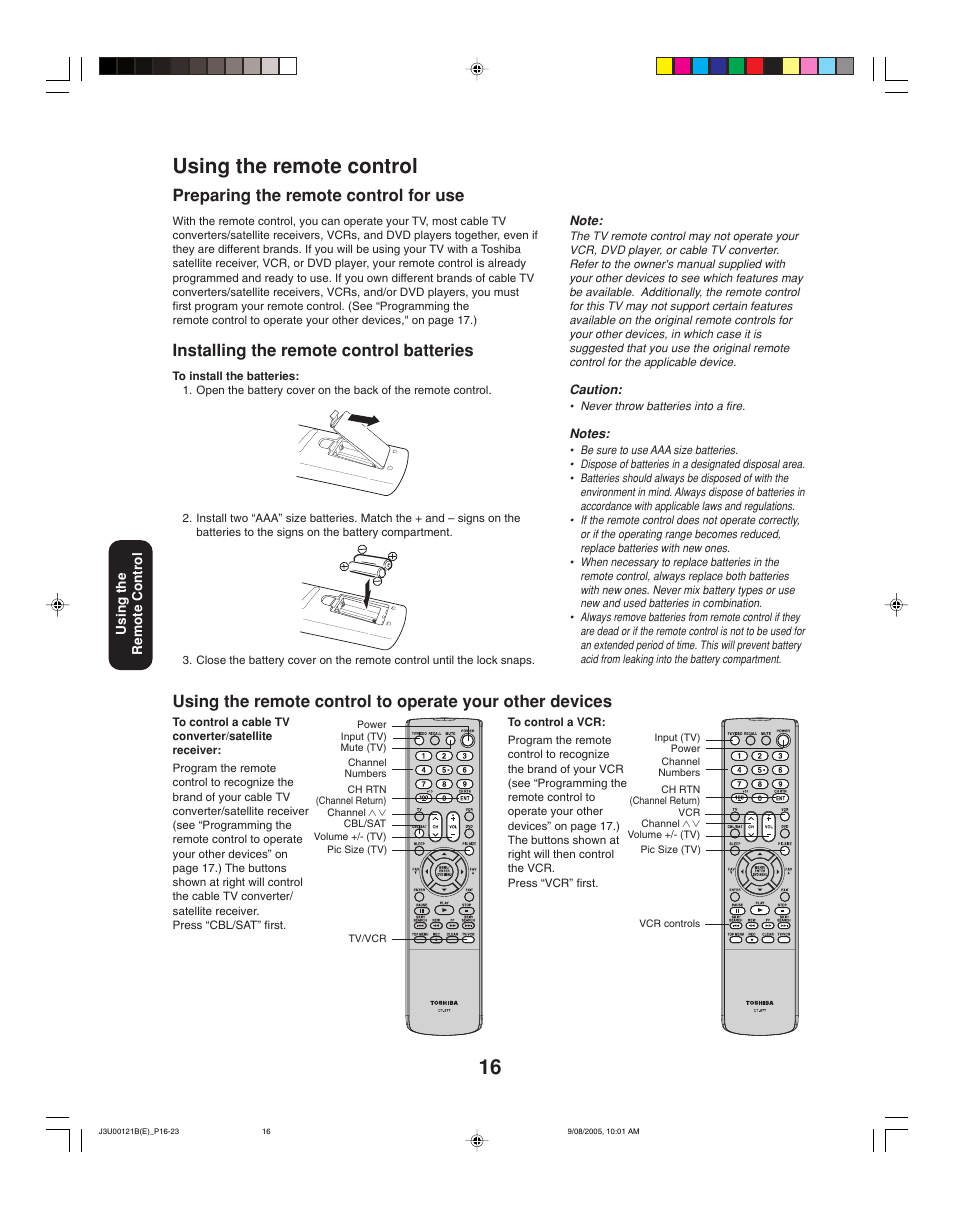16 using the remote control, Preparing the remote control for use, Installing the remote control batteries | Toshiba 34HF85 User Manual | Page 16 / 44