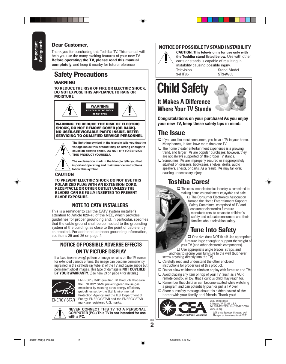 Child safety, It makes a difference where your tv stands, The issue | Toshiba cares, Tune into safety, Safety precautions | Toshiba 34HF85 User Manual | Page 2 / 44