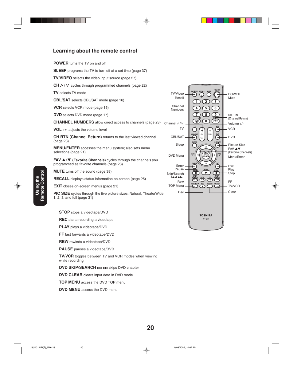 Learning about the remote control | Toshiba 34HF85 User Manual | Page 20 / 44