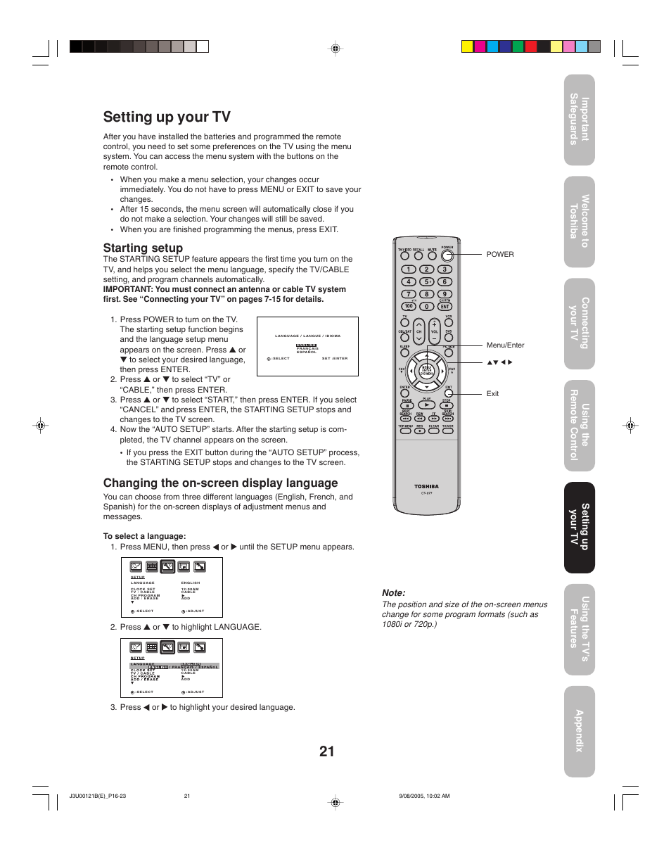 Setting up your tv, Starting setup, Changing the on-screen display language | Toshiba 34HF85 User Manual | Page 21 / 44