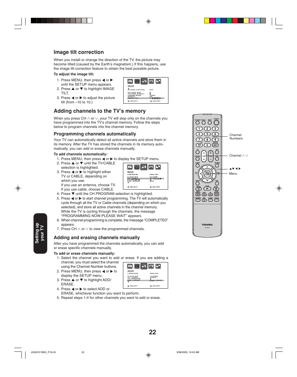 Image tilt correction, Programming channels automatically, Adding and erasing channels manually | Setting up your tv | Toshiba 34HF85 User Manual | Page 22 / 44