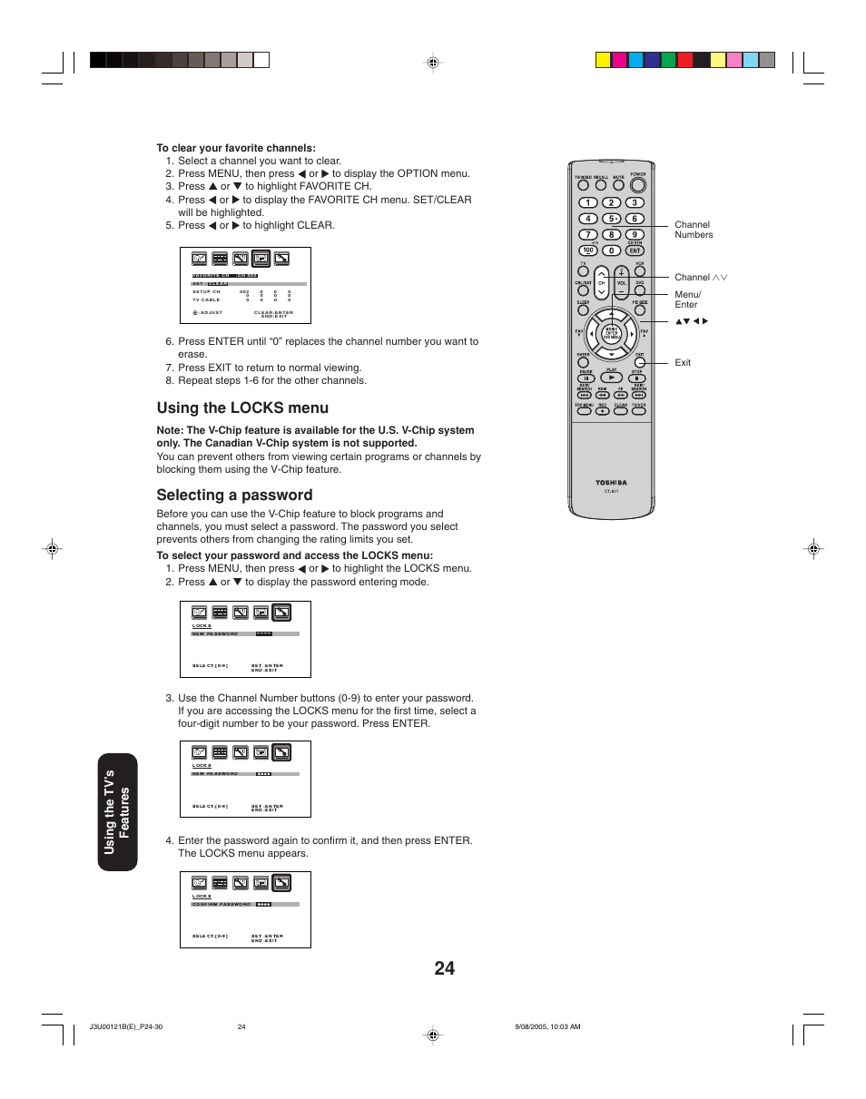 Using the locks menu, Selecting a password, Using the tv ’s features | Toshiba 34HF85 User Manual | Page 24 / 44