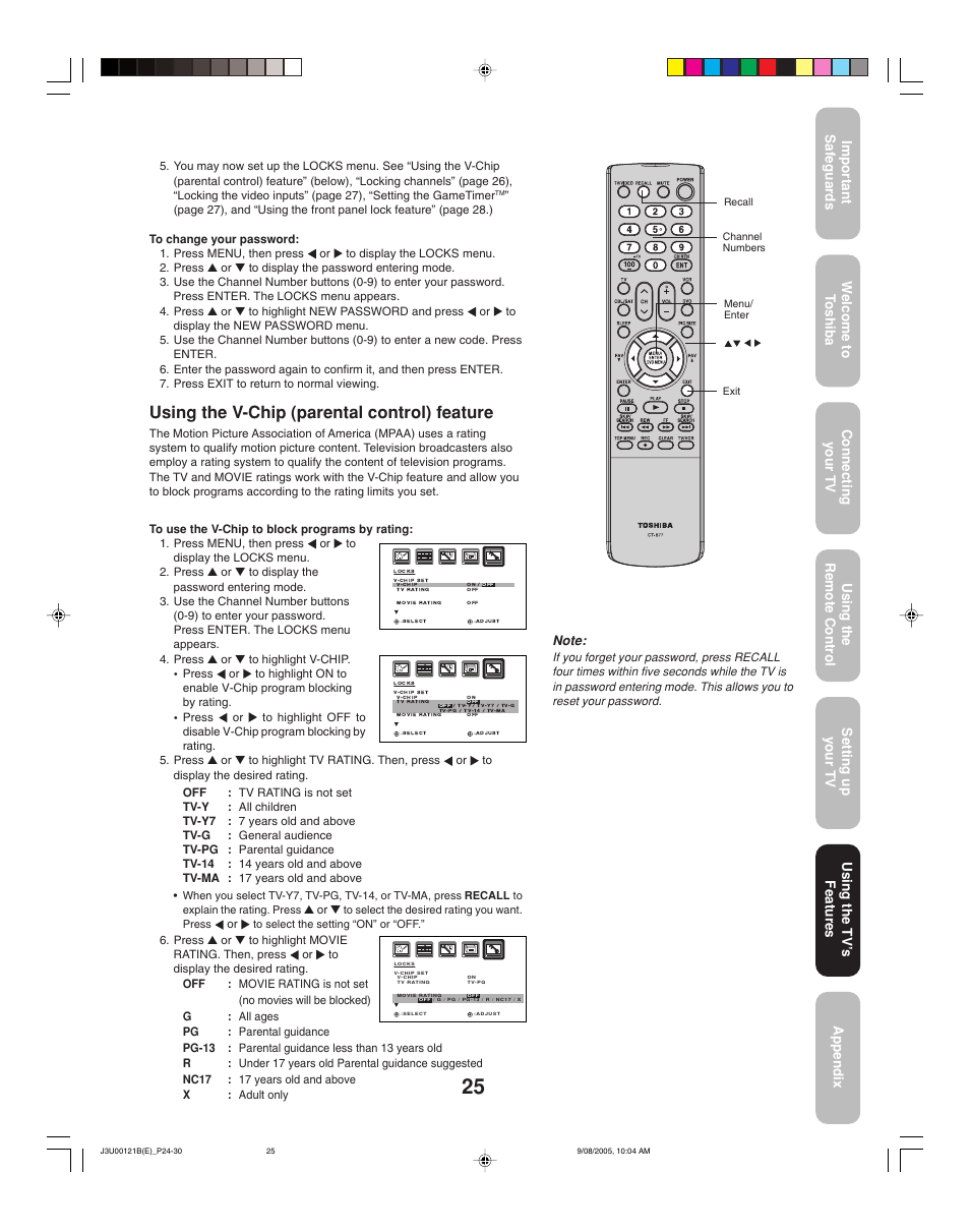 Using the v-chip (parental control) feature, Using the tv ’s features | Toshiba 34HF85 User Manual | Page 25 / 44
