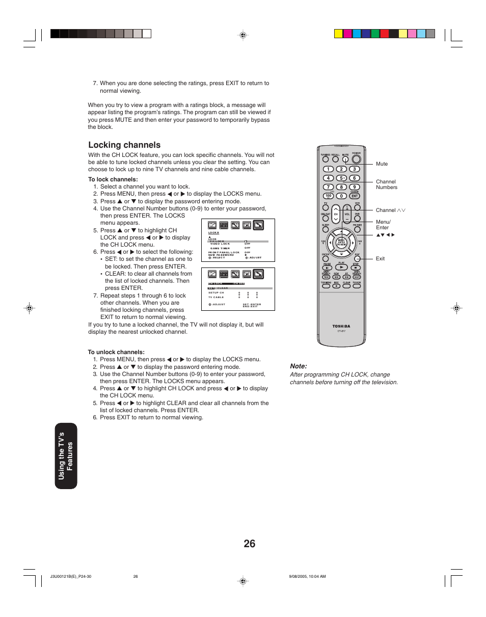 Locking channels, Using the tv ’s features | Toshiba 34HF85 User Manual | Page 26 / 44