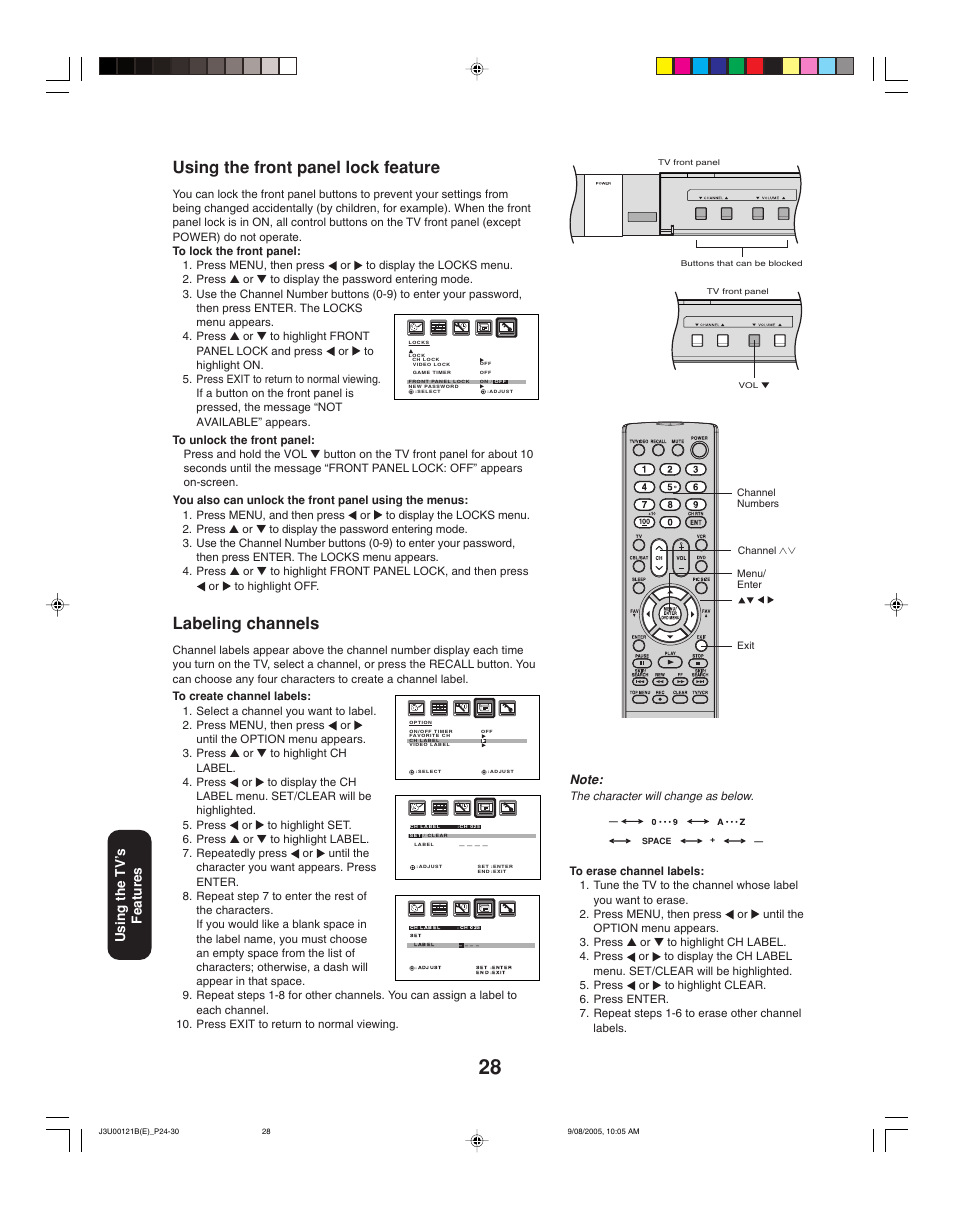 Using the front panel lock feature, Labeling channels, Using the tv ’s features | Toshiba 34HF85 User Manual | Page 28 / 44