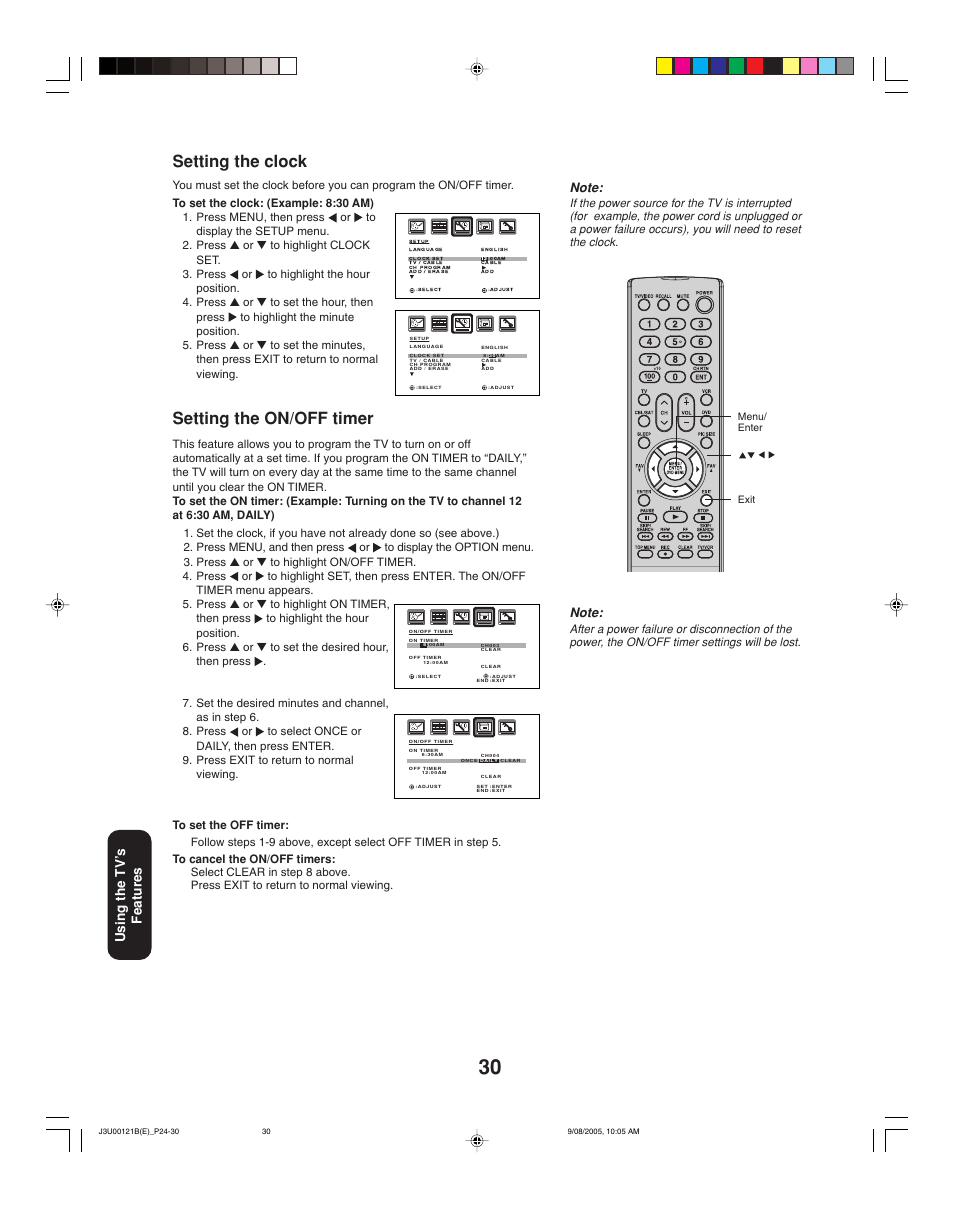 Setting the clock, Setting the on/off timer, Using the tv ’s features | Toshiba 34HF85 User Manual | Page 30 / 44