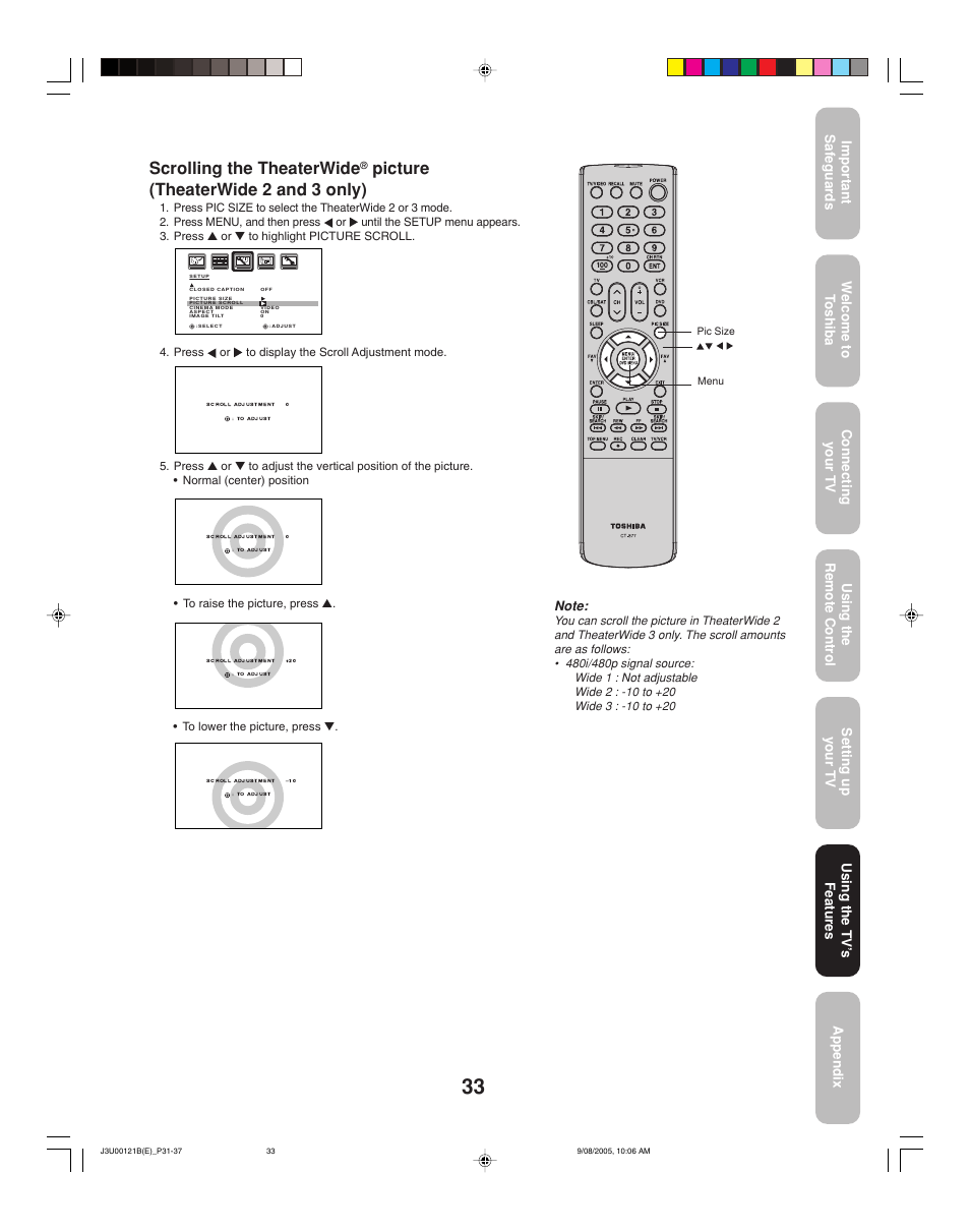 Scrolling the theaterwide, Picture (theaterwide 2 and 3 only) | Toshiba 34HF85 User Manual | Page 33 / 44