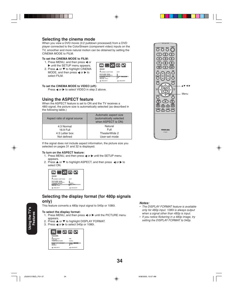 Selecting the cinema mode, Using the aspect feature, Using the tv ’s features | Toshiba 34HF85 User Manual | Page 34 / 44