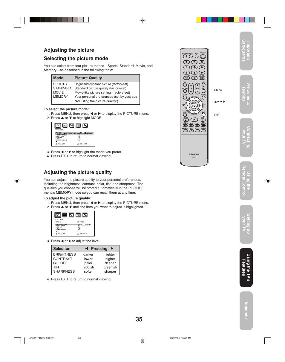 Adjusting the picture quality, Adjusting the picture selecting the picture mode, Using the tv ’s features | Toshiba 34HF85 User Manual | Page 35 / 44