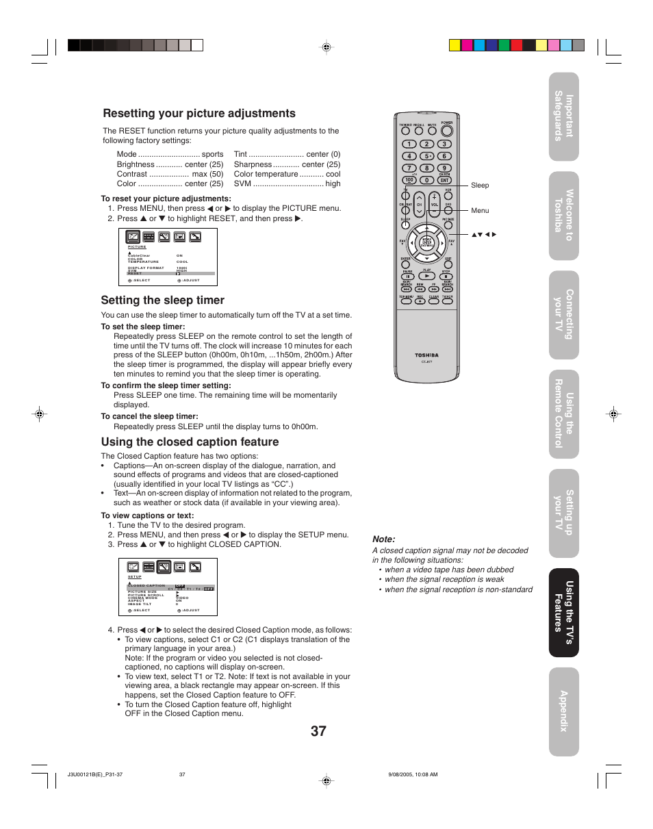 Setting the sleep timer, Using the closed caption feature, Resetting your picture adjustments | Toshiba 34HF85 User Manual | Page 37 / 44