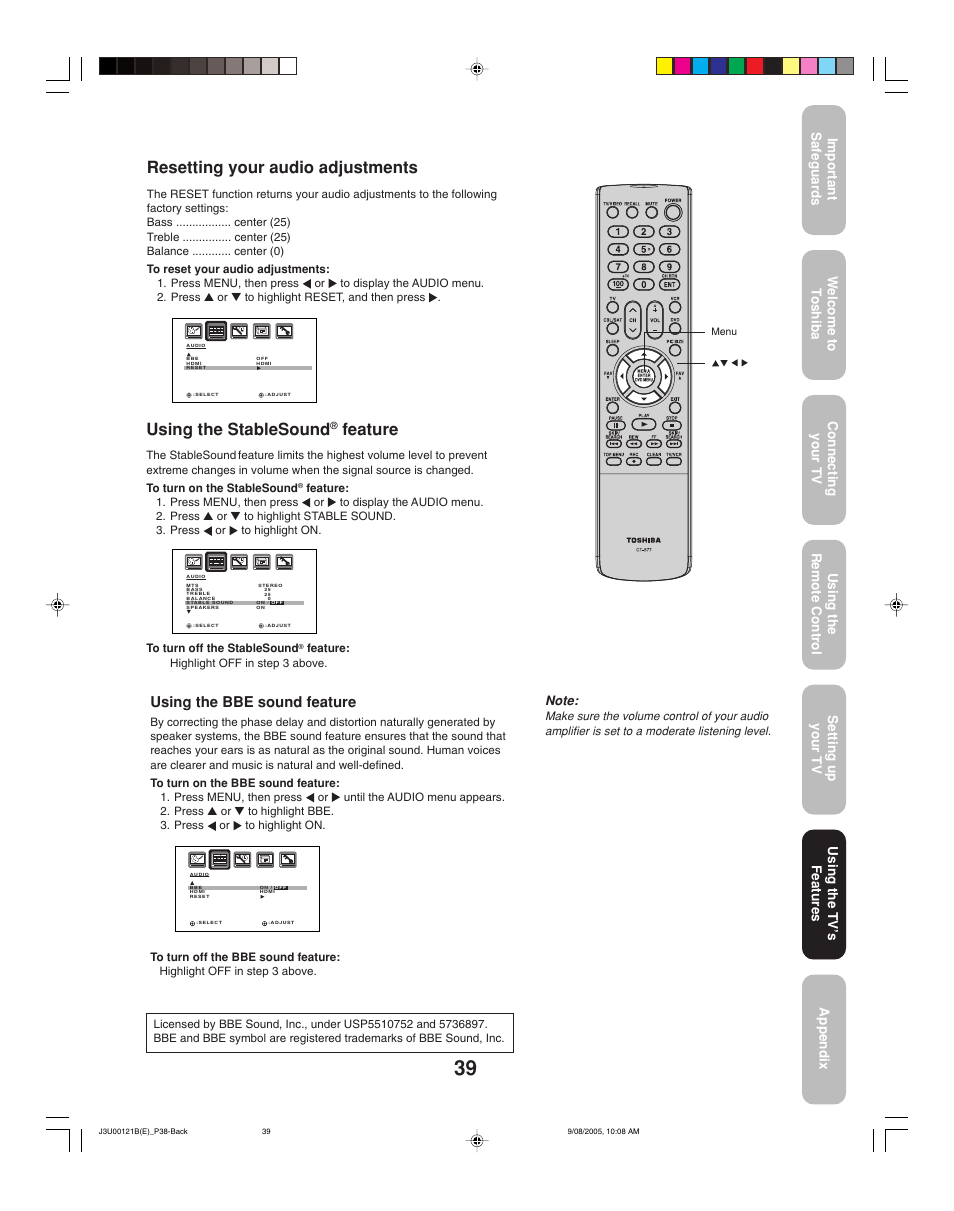 Using the stablesound, Feature, Resetting your audio adjustments | Using the bbe sound feature, Using the tv ’s features | Toshiba 34HF85 User Manual | Page 39 / 44